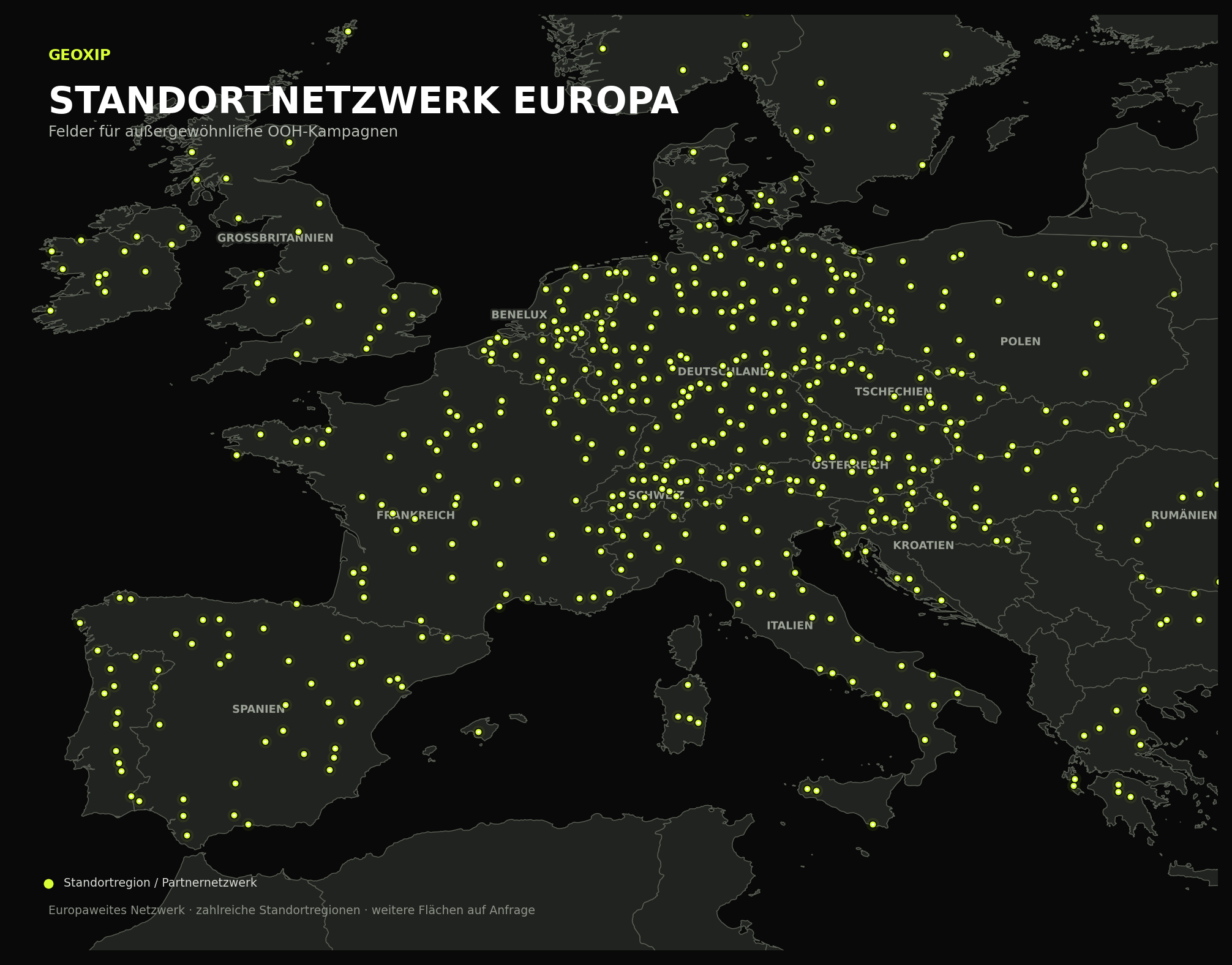 Europakarte mit zahlreichen GEOXIP Standortregionen